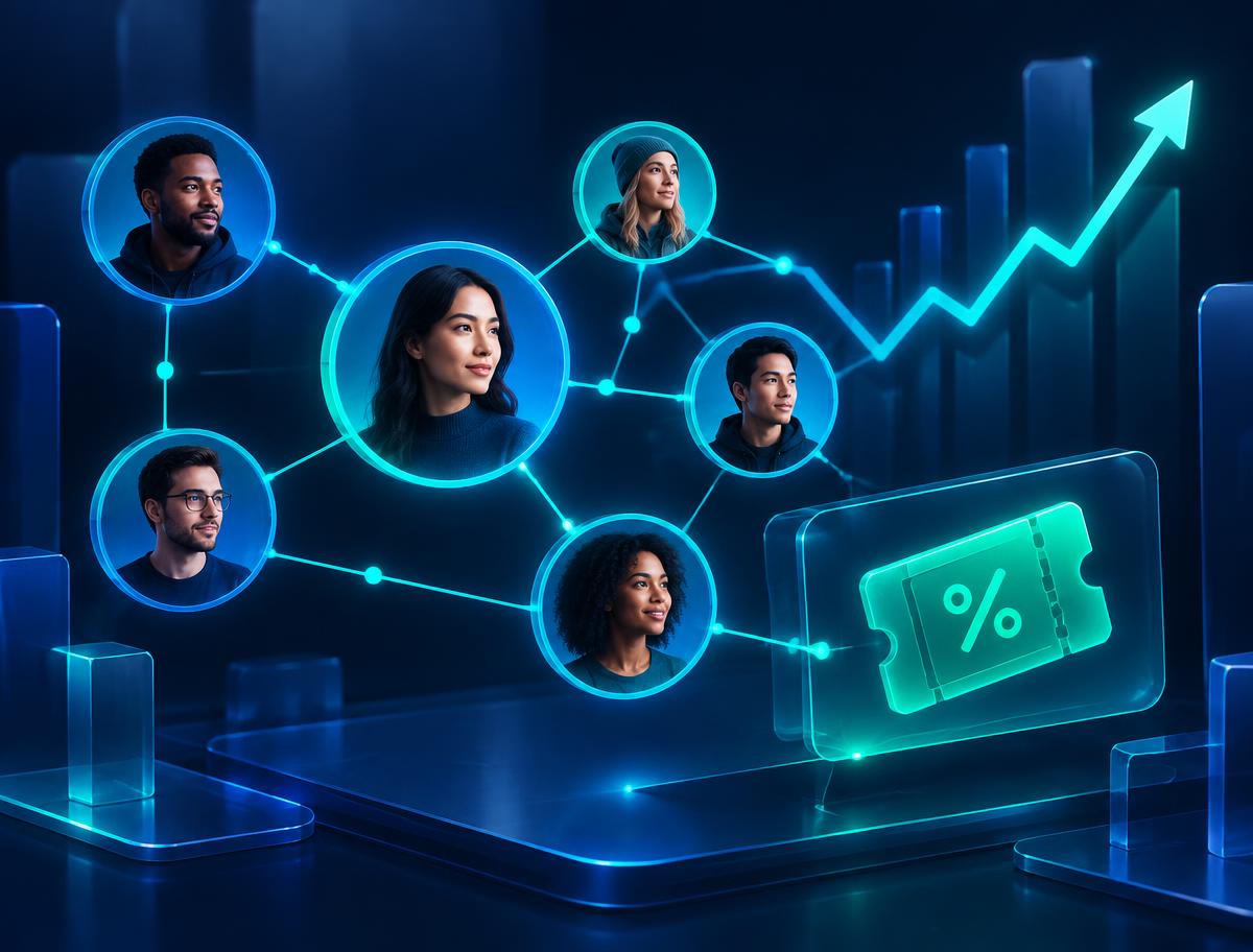 Connected crypto traders and a discount ticket illustrating social trading